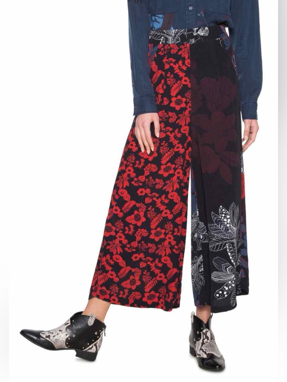 NWOT Desigual Pants “Carla” Wide Leg Floral Patchwork Pants - Black & Red